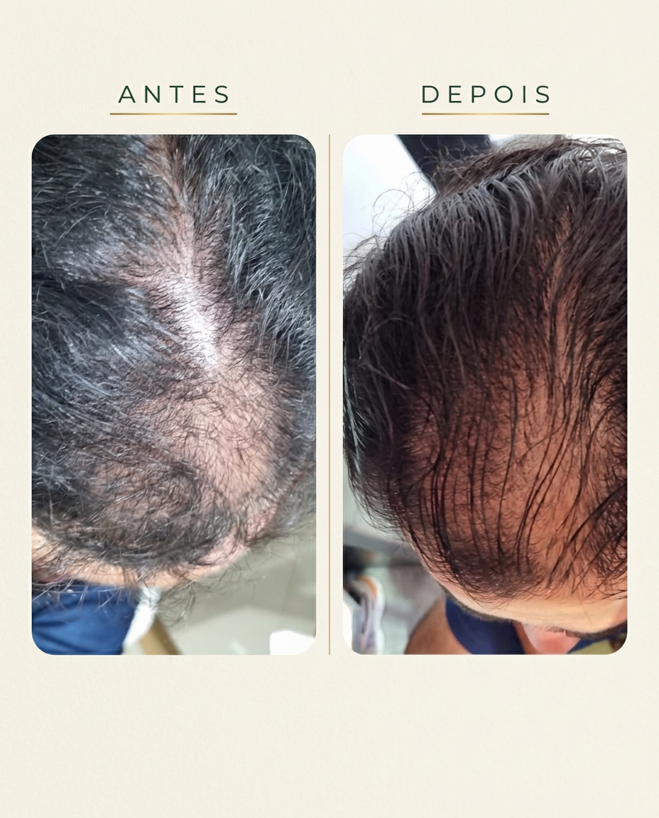Antes e depois de tratamento capilar na Clínica Change